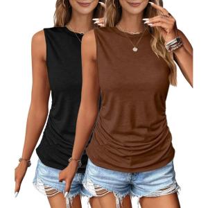 imageZeagoo Womens Ruched Tank Tops Summer Dressy Casual Crewneck Sleeveless Shirts SXXL2 Packtea Leaf and Black