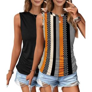 imageZeagoo Womens Ruched Tank Tops Summer Dressy Casual Crewneck Sleeveless Shirts SXXL2 Packwhite Orage Stripe and Black
