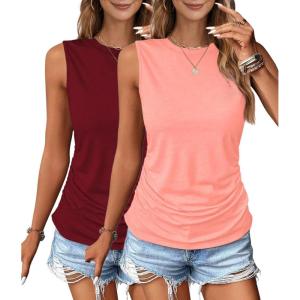 imageZeagoo Womens Ruched Tank Tops Summer Dressy Casual Crewneck Sleeveless Shirts SXXL2 Packwine Red and Pink