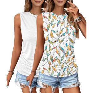 imageZeagoo Womens Ruched Tank Tops Summer Dressy Casual Crewneck Sleeveless Shirts SXXL2 Packyellow Green Leaves and White