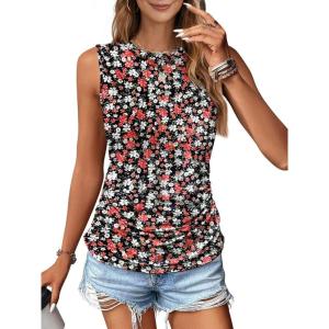 imageZeagoo Womens Ruched Tank Tops Summer Dressy Casual Crewneck Sleeveless Shirts SXXLBlack White Red Flower