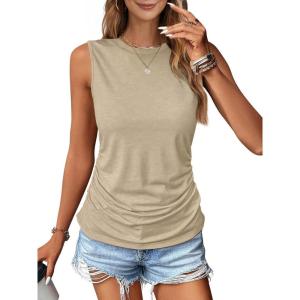 imageZeagoo Womens Ruched Tank Tops Summer Dressy Casual Crewneck Sleeveless Shirts SXXLKhaki