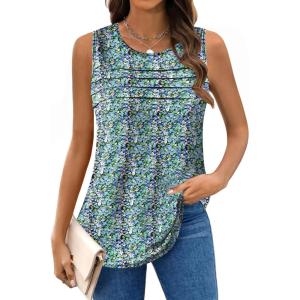 imageZeagoo Tank Top for Women Sleeveless Blouses Scooped Neck Pleated Front Casual Loose Fit Summer ShirtsFloral Blue