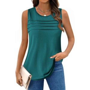 imageZeagoo Tank Top for Women Sleeveless Blouses Scooped Neck Pleated Front Casual Loose Fit Summer ShirtsPeacock Blue