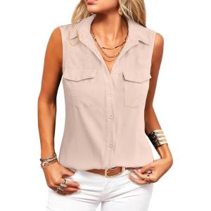 imageZeagoo Sleeveless Button Down Shirt for Women Casual V Neck Blouses Solid Collared Tops Summer Dressy ShirtsBeige