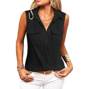 imageZeagoo Sleeveless Button Down Shirt for Women Casual V Neck Blouses Solid Collared Tops Summer Dressy ShirtsBlack