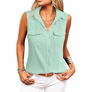 imageZeagoo Sleeveless Button Down Shirt for Women Casual V Neck Blouses Solid Collared Tops Summer Dressy ShirtsLight Green