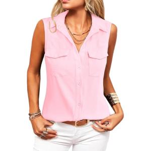 imageZeagoo Sleeveless Button Down Shirt for Women Casual V Neck Blouses Solid Collared Tops Summer Dressy ShirtsPink