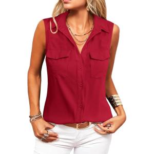 imageZeagoo Sleeveless Button Down Shirt for Women Casual V Neck Blouses Solid Collared Tops Summer Dressy ShirtsRed