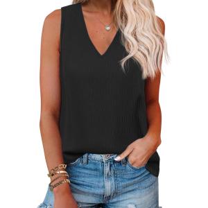 imageZeagoo Summer Tank Top for Women V Neck Textured Camisole Blouses Sleeveless Casual Basic Beach Vacation Cami ShirtBlack