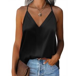 imageZeagoo Womens Silk Satin Tank Tops V Neck Sleeveless Camisole Cami Spaghetti Straps Blouse Summer Loose Racerback ShirtBlack