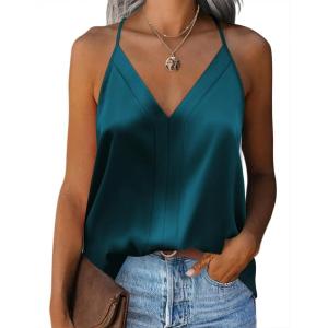 imageZeagoo Womens Silk Satin Tank Tops V Neck Sleeveless Camisole Cami Spaghetti Straps Blouse Summer Loose Racerback ShirtBlue