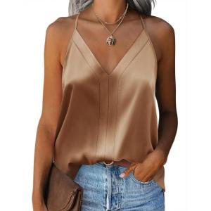 imageZeagoo Womens Silk Satin Tank Tops V Neck Sleeveless Camisole Cami Spaghetti Straps Blouse Summer Loose Racerback ShirtCamel