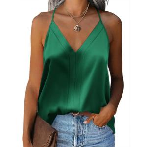 imageZeagoo Womens Silk Satin Tank Tops V Neck Sleeveless Camisole Cami Spaghetti Straps Blouse Summer Loose Racerback ShirtGreen