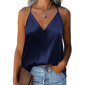 imageZeagoo Womens Silk Satin Tank Tops V Neck Sleeveless Camisole Cami Spaghetti Straps Blouse Summer Loose Racerback ShirtNavy Blue