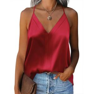 imageZeagoo Womens Silk Satin Tank Tops V Neck Sleeveless Camisole Cami Spaghetti Straps Blouse Summer Loose Racerback ShirtRed