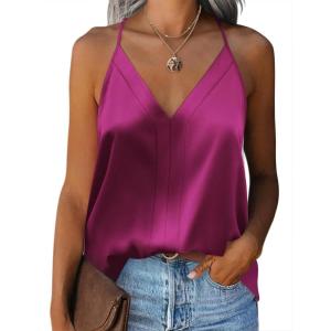 imageZeagoo Womens Silk Satin Tank Tops V Neck Sleeveless Camisole Cami Spaghetti Straps Blouse Summer Loose Racerback ShirtRose Red