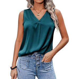 imageZeagoo Womens 2025 Silk Satin Tank Tops V Neck Casual Cami Sleeveless Camisole Blouses Summer Basic Tank ShirtBlue Green