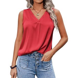 imageZeagoo Womens 2025 Silk Satin Tank Tops V Neck Casual Cami Sleeveless Camisole Blouses Summer Basic Tank ShirtBright Red
