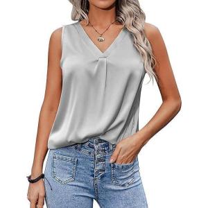 imageZeagoo Womens 2025 Silk Satin Tank Tops V Neck Casual Cami Sleeveless Camisole Blouses Summer Basic Tank ShirtMisty Grey