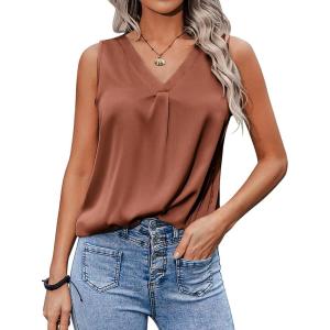 imageZeagoo Womens 2025 Silk Satin Tank Tops V Neck Casual Cami Sleeveless Camisole Blouses Summer Basic Tank ShirtTerracotta