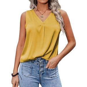 imageZeagoo Womens 2025 Silk Satin Tank Tops V Neck Casual Cami Sleeveless Camisole Blouses Summer Basic Tank ShirtTurmeric