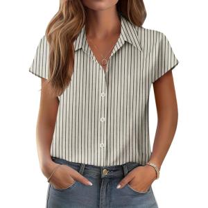imageZeagoo Womens Button Down Shirt V Neck Blouses Cap Sleeve Top Dressy Casual Blouses 2025 Trendy Bussiness Work Outfits SXXLBeige Striped