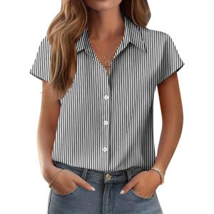 imageZeagoo Womens Button Down Shirt V Neck Blouses Cap Sleeve Top Dressy Casual Blouses 2025 Trendy Bussiness Work Outfits SXXLBlack Striped