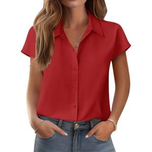 imageZeagoo Womens Button Down Shirt V Neck Blouses Cap Sleeve Top Dressy Casual Blouses 2025 Trendy Bussiness Work Outfits SXXLWine Red