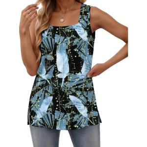 imageZeagoo Tank Tops for Women 2025 Summer Square Neck Loose Fit Side Split Casual Flowy Sleeveless Shirts SXXLWhite Leaf