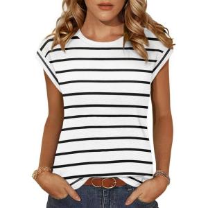 imageZeagoo Womens 3 Pack Crewneck Cap Sleeve Tank Tops Casual Basic T Shirts Loose Fit Tee Summer Tops 20251white Stripe