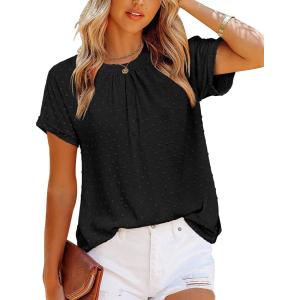 imageZeagoo Womens Casual Swiss Dot Chiffon Summer Tops Round Neck Blouse Shirts Short Sleeve Work Office Loose ShirtBlack