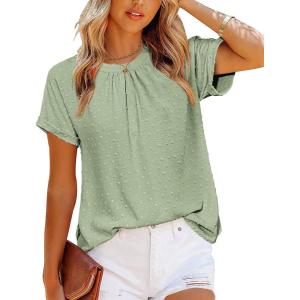 imageZeagoo Womens Casual Swiss Dot Chiffon Summer Tops Round Neck Blouse Shirts Short Sleeve Work Office Loose ShirtLight Green