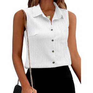 imageZeagoo Womens Sleeveless Button Down Shirts V Neck Solid Tank Tops Basic Loose Blouses Casual Office ShirtsA White