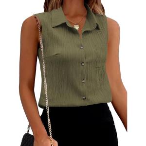 imageZeagoo Womens Sleeveless Button Down Shirts V Neck Solid Tank Tops Basic Loose Blouses Casual Office ShirtsArmy Green