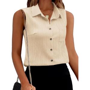 imageZeagoo Womens Sleeveless Button Down Shirts V Neck Solid Tank Tops Basic Loose Blouses Casual Office ShirtsBeige