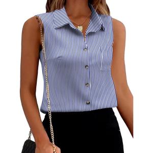 imageZeagoo Womens Sleeveless Button Down Shirts V Neck Solid Tank Tops Basic Loose Blouses Casual Office ShirtsBlue Stripetw221