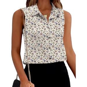 imageZeagoo Womens Sleeveless Button Down Shirts V Neck Solid Tank Tops Basic Loose Blouses Casual Office ShirtsFloral Cream296