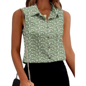 imageZeagoo Womens Sleeveless Button Down Shirts V Neck Solid Tank Tops Basic Loose Blouses Casual Office ShirtsFloral Greenxh300