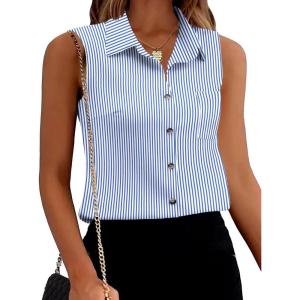 imageZeagoo Womens Sleeveless Button Down Shirts V Neck Solid Tank Tops Basic Loose Blouses Casual Office ShirtsLight Blue Stripetw310
