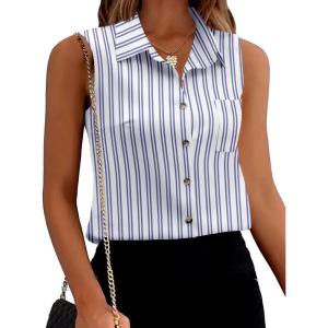 imageZeagoo Womens Sleeveless Button Down Shirts V Neck Solid Tank Tops Basic Loose Blouses Casual Office ShirtsStripetw220