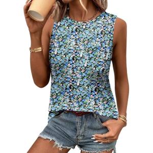 imageZeagoo Womens Tank Tops 2025 Loose Fit High Neck Summer Top Dressy Casual Sleeveless Shirts with Pocket1floral Blue