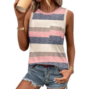 imageZeagoo Womens Tank Tops 2025 Loose Fit High Neck Summer Top Dressy Casual Sleeveless Shirts with Pocket1wide Stripe Pink