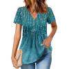 imageZeagoo Womens Short Sleeve Tops Summer Henley VNeck Tshirts Casual Pleated Blouse Dressy Loose Floral Basic TeeBlue Ethnic Pattern