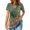 imageZeagoo Womens Short Sleeve Tops Summer Henley VNeck Tshirts Casual Pleated Blouse Dressy Loose Floral Basic TeeGreen Ethnic Pattern