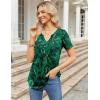 imageZeagoo Womens Short Sleeve Tops Summer Henley VNeck Tshirts Casual Pleated Blouse Dressy Loose Floral Basic TeeGreen Leaf Floral