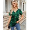 imageZeagoo Womens Short Sleeve Tops Summer Henley VNeck Tshirts Casual Pleated Blouse Dressy Loose Floral Basic TeeGreen Leaf Floral