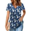 imageZeagoo Womens Short Sleeve Tops Summer Henley VNeck Tshirts Casual Pleated Blouse Dressy Loose Floral Basic TeeNavy Blue White Floral