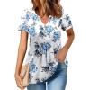 imageZeagoo Womens Short Sleeve Tops Summer Henley VNeck Tshirts Casual Pleated Blouse Dressy Loose Floral Basic TeeWhite Blue Floral