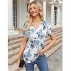 imageZeagoo Womens Short Sleeve Tops Summer Henley VNeck Tshirts Casual Pleated Blouse Dressy Loose Floral Basic TeeWhite Blue Floral